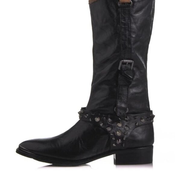 Sam Edelman Park Boot Black Saddle High-shine spiked studs harness knee-high NEW - Picture 8 of 15